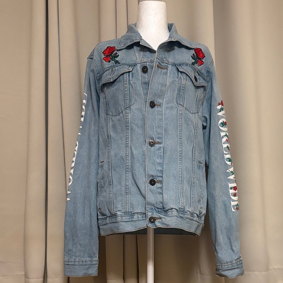 Brooklyn Cloth Other - Brooklyn Cloth Light Blue Denim Jacket with Red Rose Embroidery M